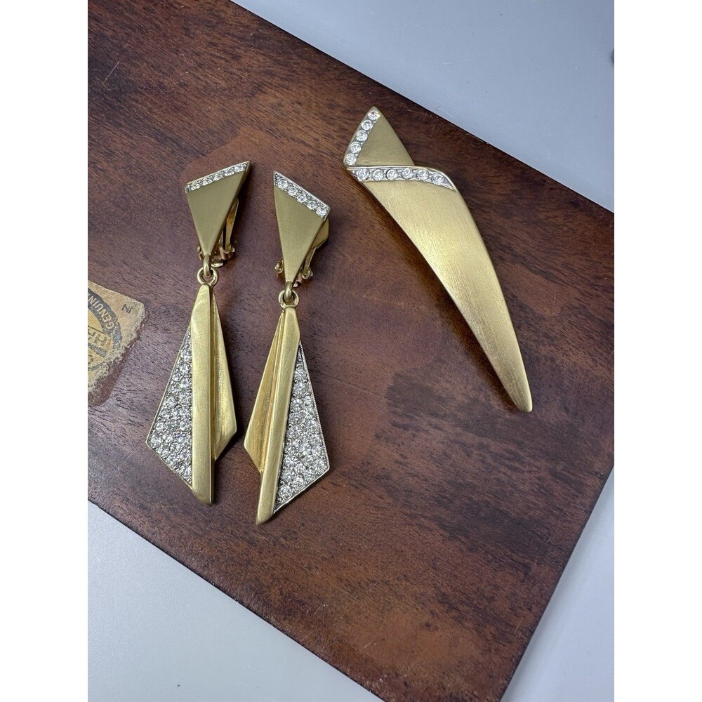 Sculptural Pave Crystal & Gold Tone Earring & Brooch Set